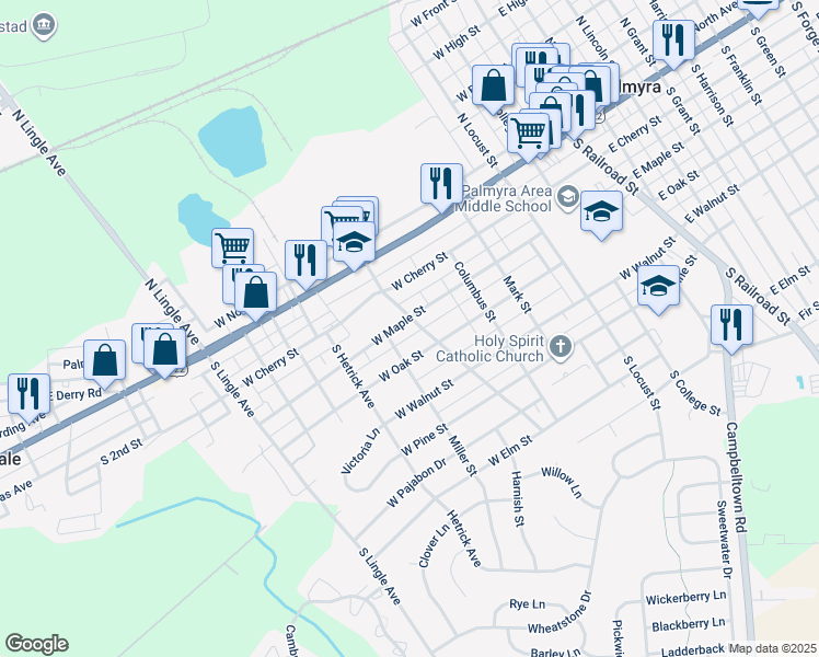 map of restaurants, bars, coffee shops, grocery stores, and more near 602 West Maple Street in Palmyra