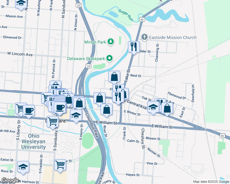 map of restaurants, bars, coffee shops, grocery stores, and more near 88 Flax St in Delaware