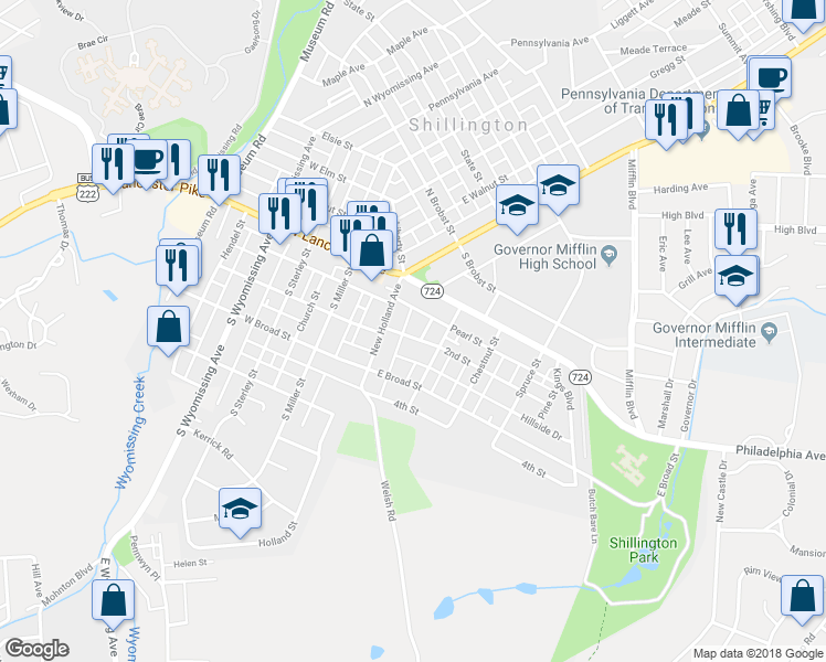 map of restaurants, bars, coffee shops, grocery stores, and more near 39 2nd Street in Shillington