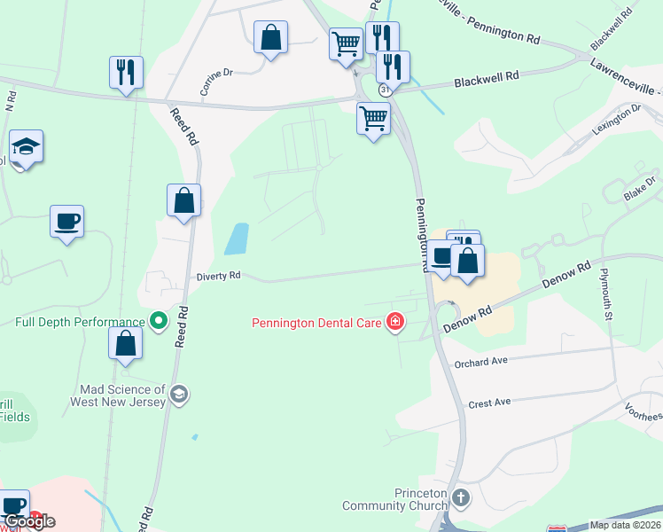 map of restaurants, bars, coffee shops, grocery stores, and more near 22 Diverty Rd in Pennington