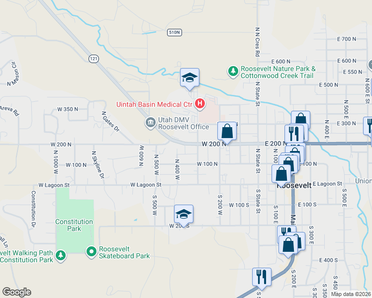 map of restaurants, bars, coffee shops, grocery stores, and more near 377 West 200 North in Roosevelt
