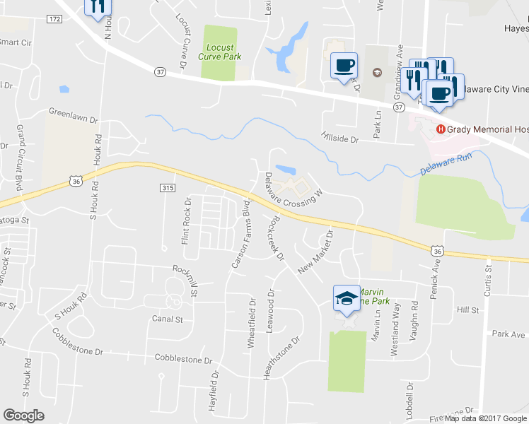 map of restaurants, bars, coffee shops, grocery stores, and more near 28 Hedgerow Ln in Delaware