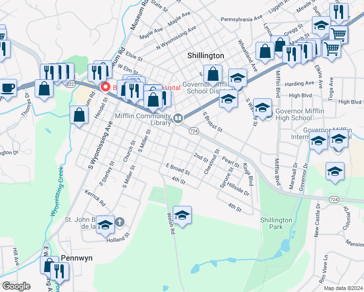 map of restaurants, bars, coffee shops, grocery stores, and more near 39 2nd Street in Shillington