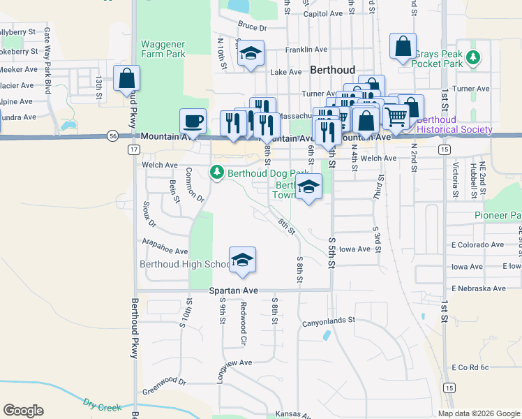 map of restaurants, bars, coffee shops, grocery stores, and more near 880 Winding Brook Drive in Berthoud