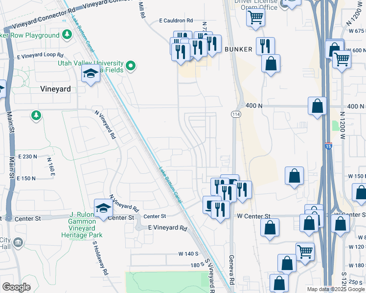 map of restaurants, bars, coffee shops, grocery stores, and more near 265 North 670 East in Vineyard