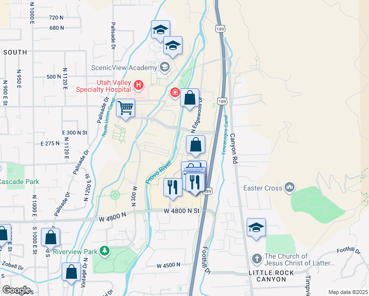 map of restaurants, bars, coffee shops, grocery stores, and more near 155 North River Park Way in Provo
