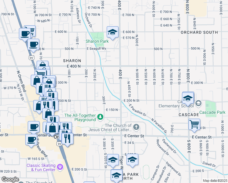 map of restaurants, bars, coffee shops, grocery stores, and more near 355 240 North in Orem