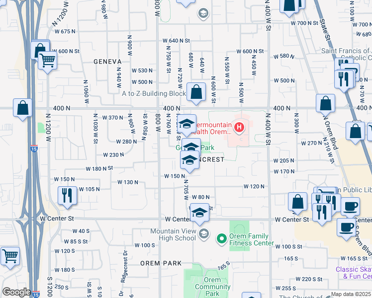 map of restaurants, bars, coffee shops, grocery stores, and more near 710 West 255 North in Orem