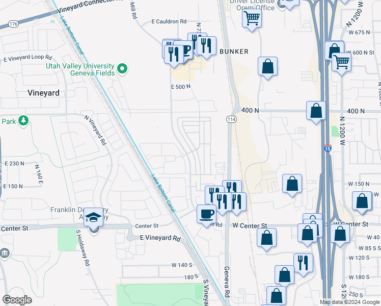 map of restaurants, bars, coffee shops, grocery stores, and more near 269 725 East in Vineyard