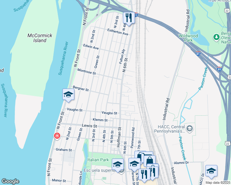 map of restaurants, bars, coffee shops, grocery stores, and more near 3424 North 6th Street in Harrisburg