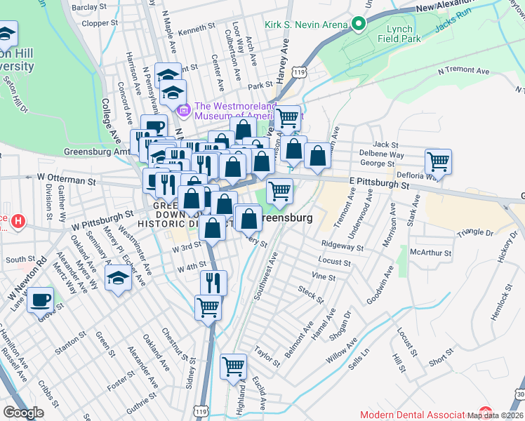 map of restaurants, bars, coffee shops, grocery stores, and more near 109 Laird Street in Greensburg