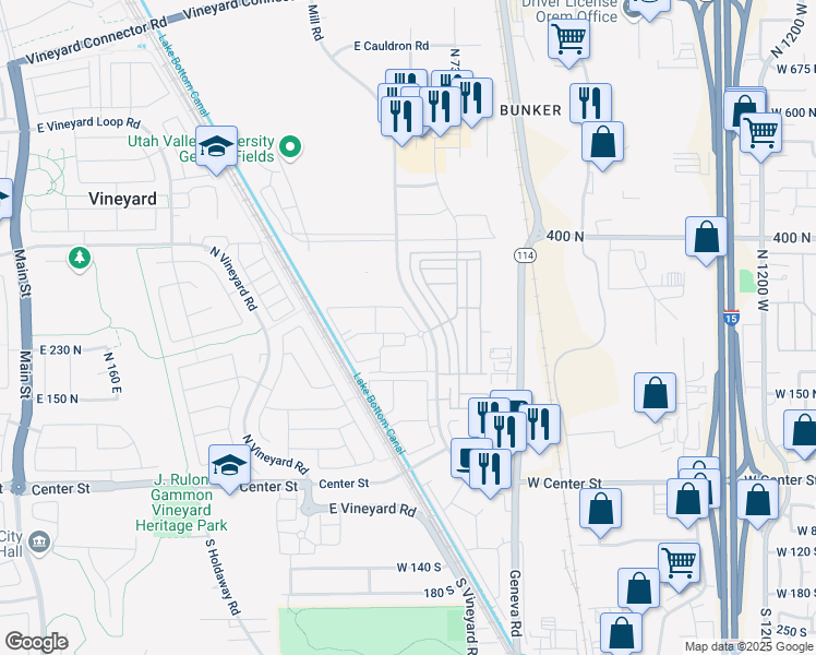 map of restaurants, bars, coffee shops, grocery stores, and more near 265 North 670 East in Vineyard