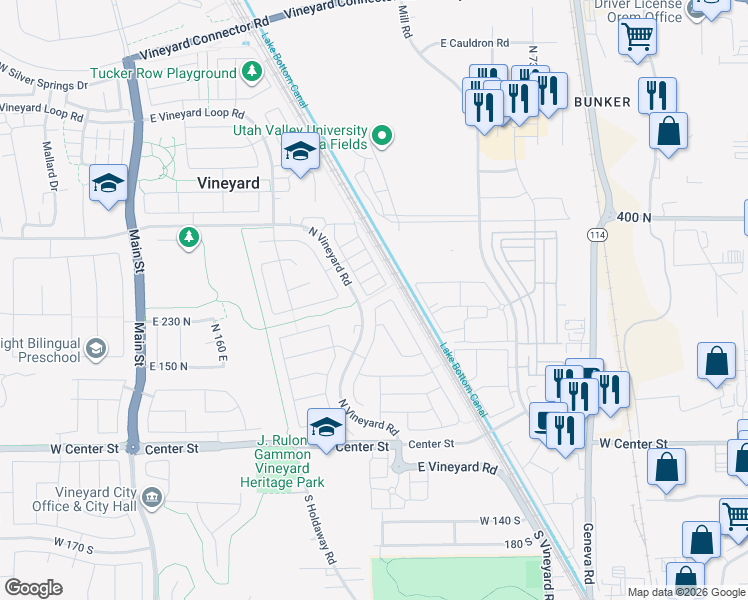 map of restaurants, bars, coffee shops, grocery stores, and more near 281 North 410 East Street in Vineyard