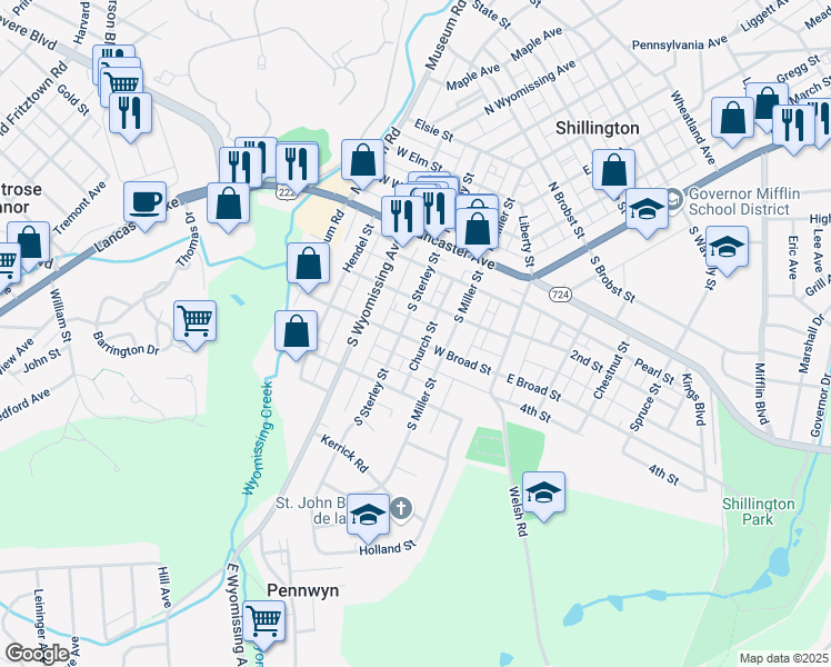 map of restaurants, bars, coffee shops, grocery stores, and more near 139 West Broad Street in Shillington