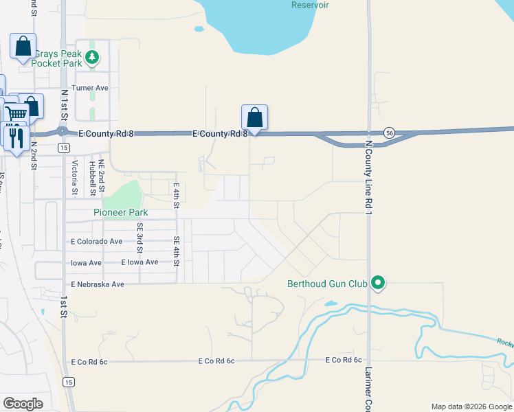 map of restaurants, bars, coffee shops, grocery stores, and more near 110 Dorothy Drive in Berthoud