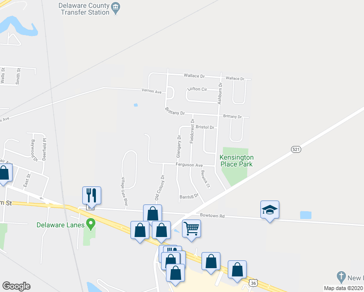 map of restaurants, bars, coffee shops, grocery stores, and more near 140 Glengary Drive in Delaware