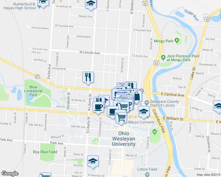 map of restaurants, bars, coffee shops, grocery stores, and more near 56 West Central Avenue in Delaware