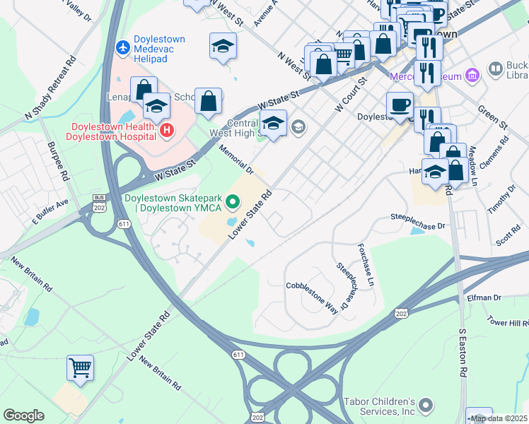 map of restaurants, bars, coffee shops, grocery stores, and more near 11-9 Aspen Way in Doylestown