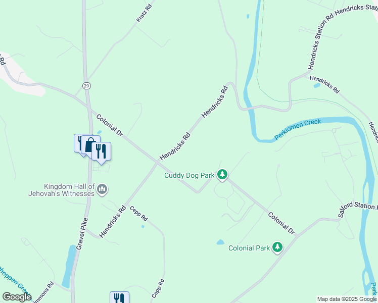 map of restaurants, bars, coffee shops, grocery stores, and more near 207 Hendricks Road in Perkiomenville