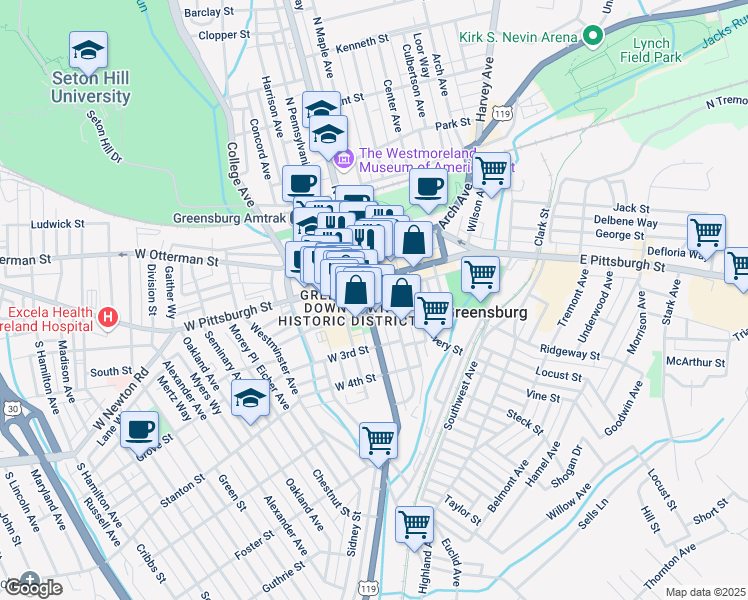 map of restaurants, bars, coffee shops, grocery stores, and more near 131 South Main Street in Greensburg