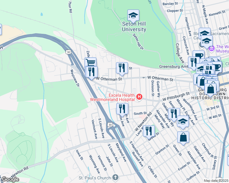 map of restaurants, bars, coffee shops, grocery stores, and more near 704 West Pittsburgh Street in Greensburg