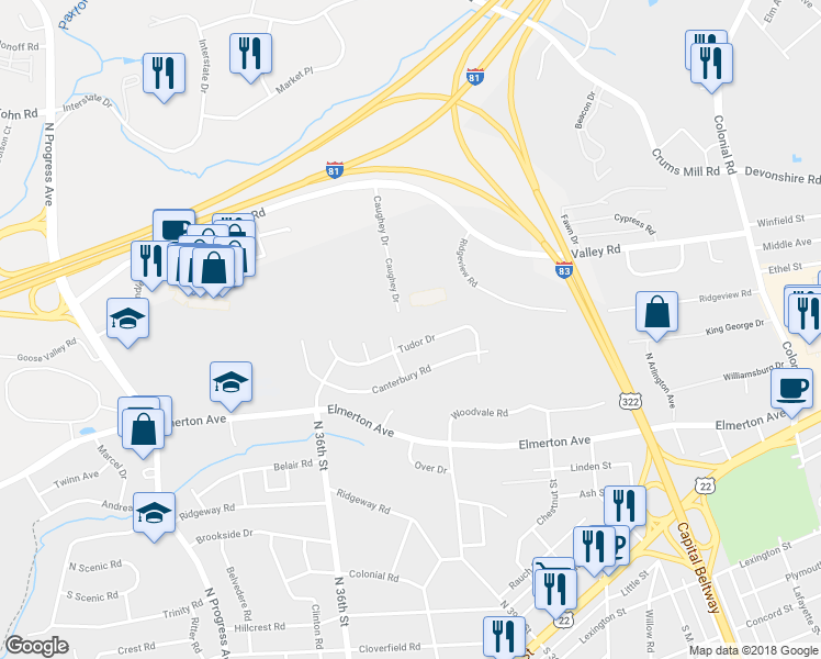map of restaurants, bars, coffee shops, grocery stores, and more near 3708 Tudor Drive in Harrisburg