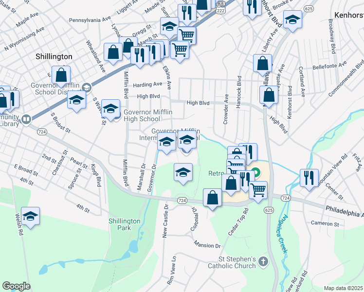 map of restaurants, bars, coffee shops, grocery stores, and more near 600 Governor Drive in Reading