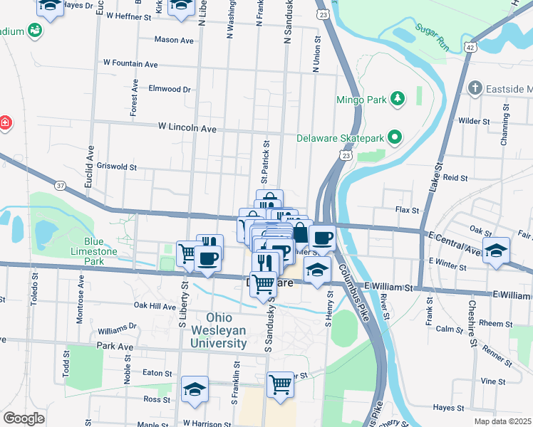 map of restaurants, bars, coffee shops, grocery stores, and more near 91 North Sandusky Street in Delaware