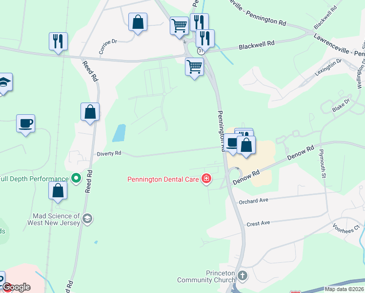 map of restaurants, bars, coffee shops, grocery stores, and more near 22 Diverty Road in Pennington