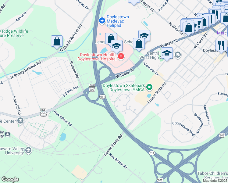 map of restaurants, bars, coffee shops, grocery stores, and more near 163 Progress Drive in Doylestown
