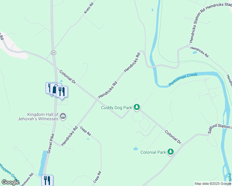 map of restaurants, bars, coffee shops, grocery stores, and more near 207 Hendricks Road in Perkiomenville