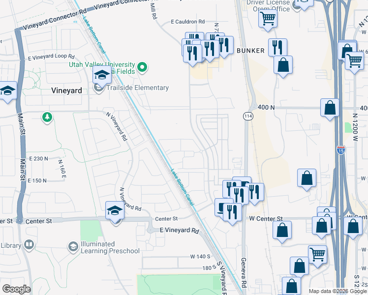 map of restaurants, bars, coffee shops, grocery stores, and more near 284 North 590 East in Orem