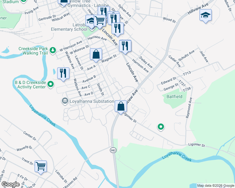 map of restaurants, bars, coffee shops, grocery stores, and more near 2703 Wilson Street in Latrobe