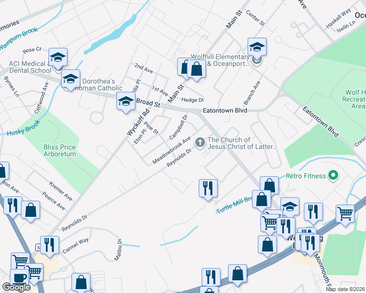 map of restaurants, bars, coffee shops, grocery stores, and more near 20 Meadowbrook Ave in Eatontown