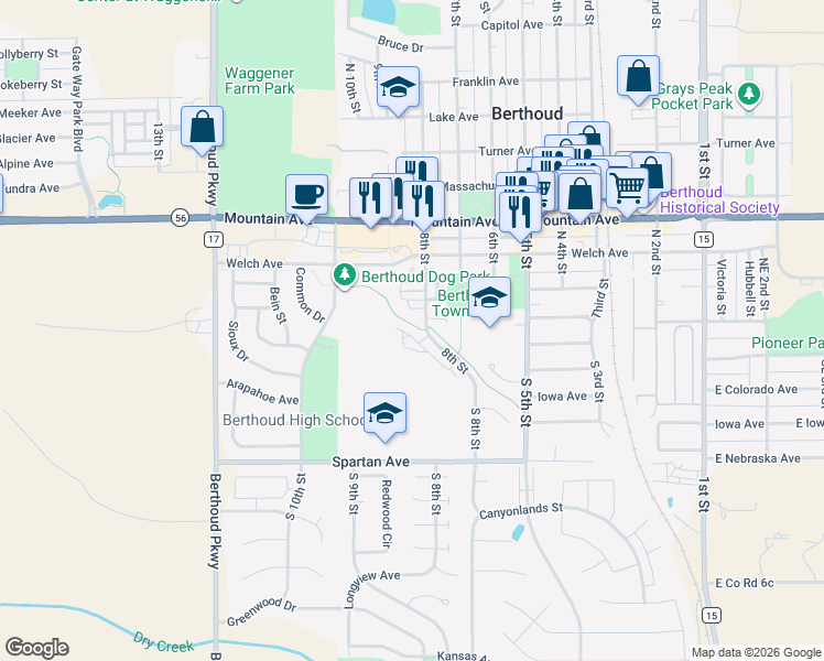 map of restaurants, bars, coffee shops, grocery stores, and more near 880 Winding Brook Drive in Berthoud