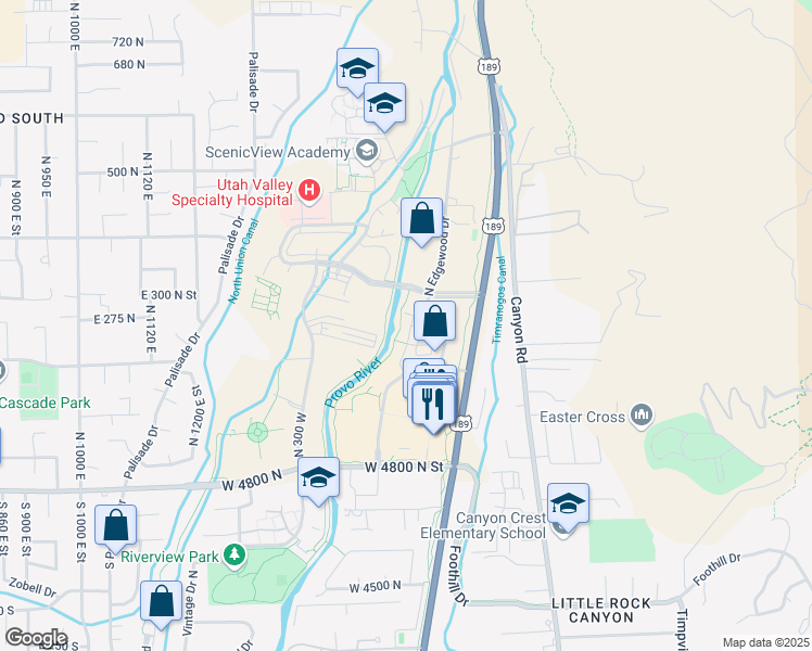 map of restaurants, bars, coffee shops, grocery stores, and more near 5123 North River Park Way in Provo