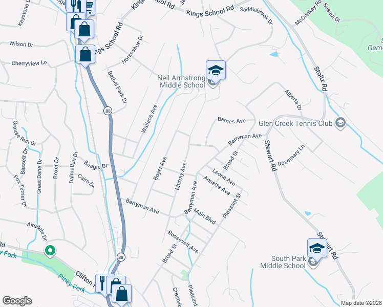 map of restaurants, bars, coffee shops, grocery stores, and more near 5961 Murray Avenue in Bethel Park