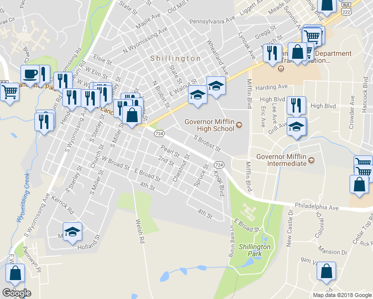 map of restaurants, bars, coffee shops, grocery stores, and more near 134 Philadelphia Avenue in Shillington