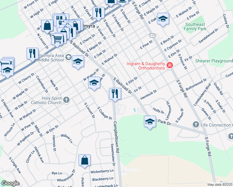 map of restaurants, bars, coffee shops, grocery stores, and more near 100 Campbelltown Road in Palmyra