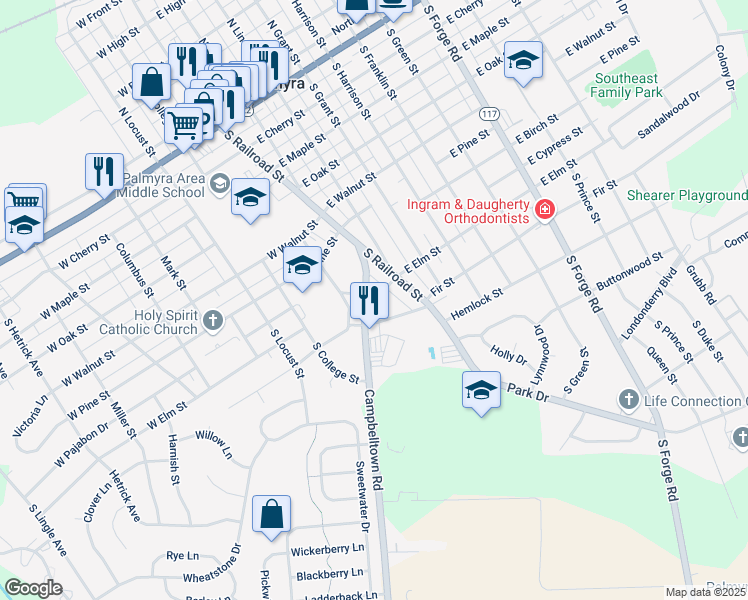 map of restaurants, bars, coffee shops, grocery stores, and more near 100 Campbelltown Road in Palmyra