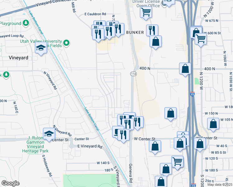 map of restaurants, bars, coffee shops, grocery stores, and more near 265 725 East in Vineyard