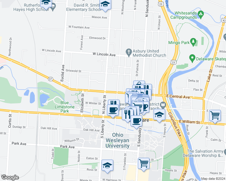 map of restaurants, bars, coffee shops, grocery stores, and more near 98 West Central Avenue in Delaware