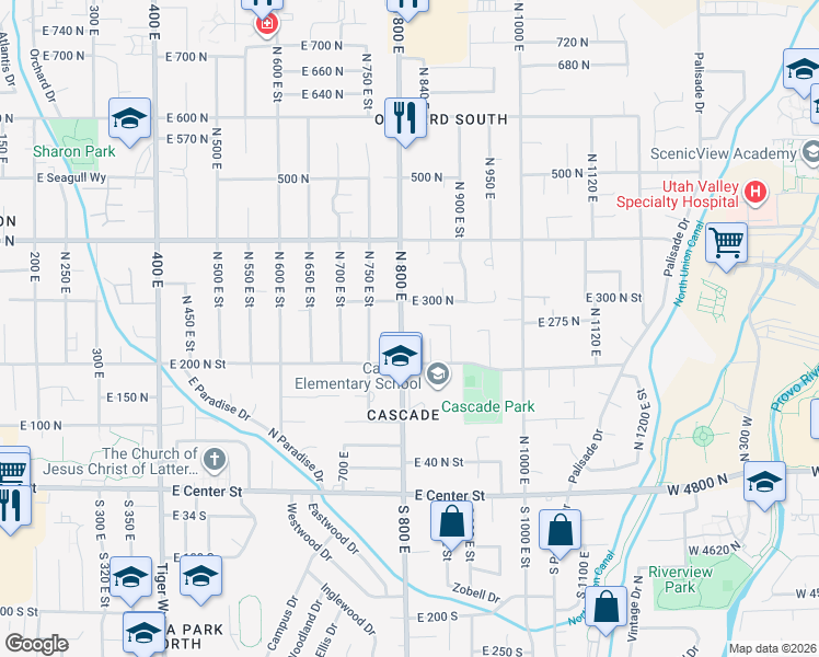 map of restaurants, bars, coffee shops, grocery stores, and more near 258 North 800 East in Orem
