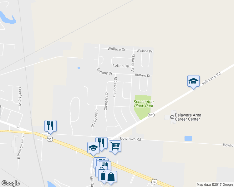 map of restaurants, bars, coffee shops, grocery stores, and more near 128 Fieldcrest Drive in Delaware