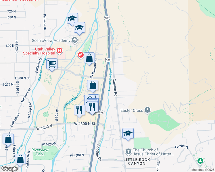 map of restaurants, bars, coffee shops, grocery stores, and more near 5176 North University Avenue in Provo