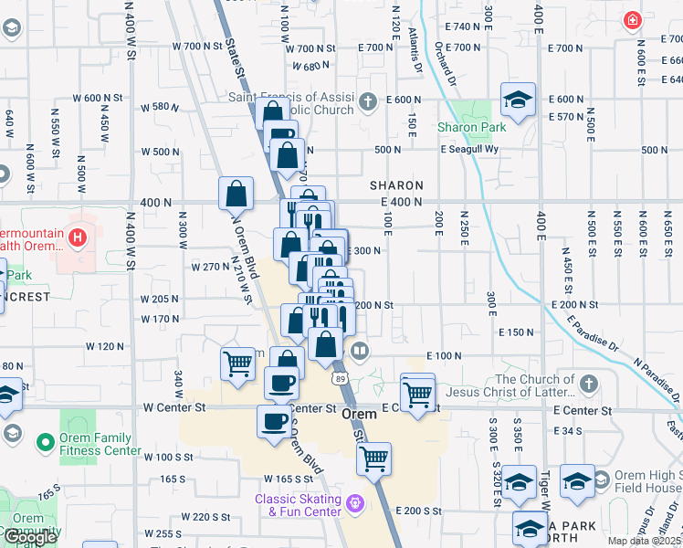 map of restaurants, bars, coffee shops, grocery stores, and more near 266 North State Street in Orem