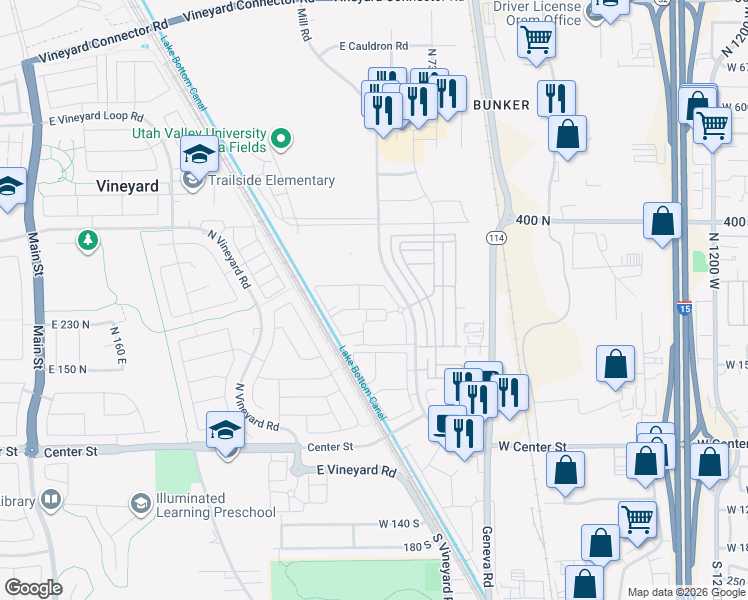 map of restaurants, bars, coffee shops, grocery stores, and more near 284 North 590 East in Orem