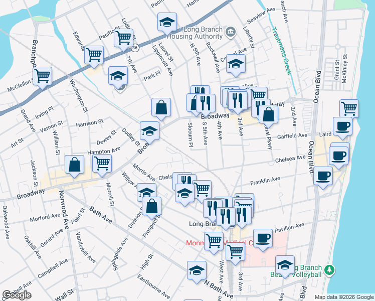 map of restaurants, bars, coffee shops, grocery stores, and more near 60 Slocum Place in Long Branch