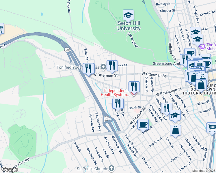 map of restaurants, bars, coffee shops, grocery stores, and more near 704 West Pittsburgh Street in Greensburg