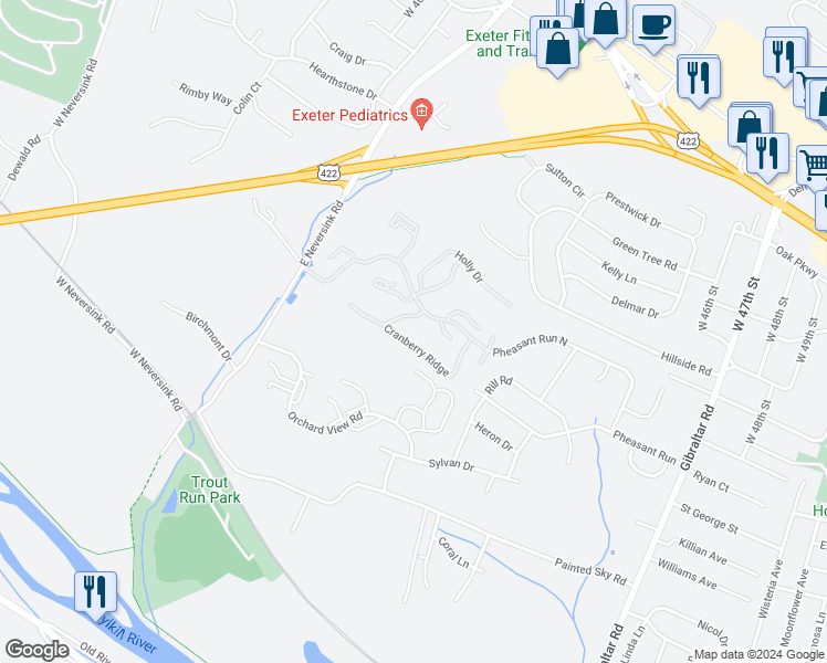 map of restaurants, bars, coffee shops, grocery stores, and more near 21-5 Cranberry Ridge in Reading